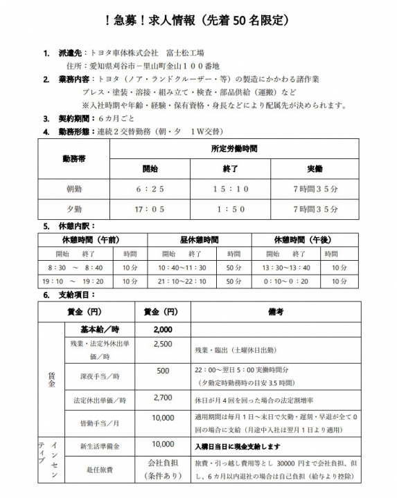 招聘 日本丰田车体株式会社汽车制造厂商 技术人员工作地址 愛知県刈谷市里山町金山100番 日本华人招聘网 日本华人微信群 日本分类便民平台招工信息
